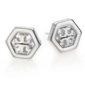 Tory Burch Silver Small Hex-logo Studs Earrings